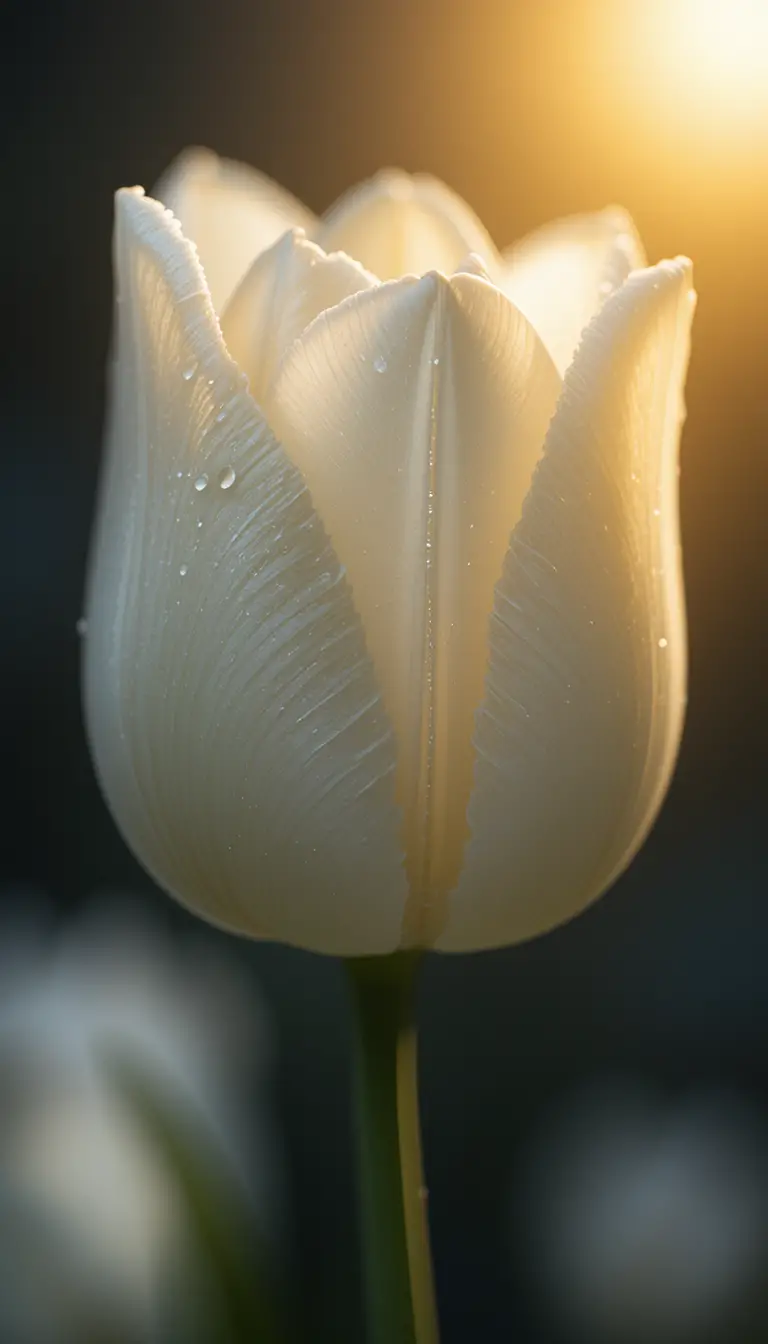 White tulip macro with golden light and dewdrop prism