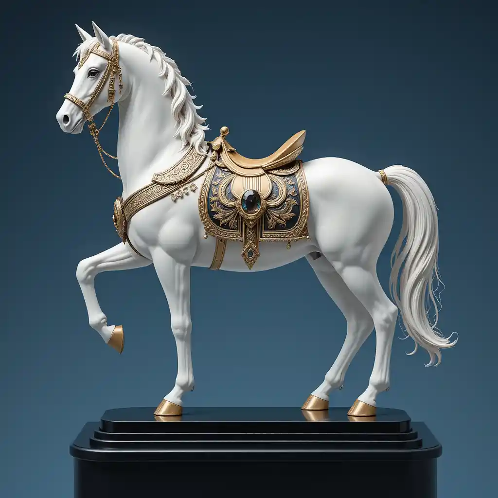 White horse figurine with ornate gold saddle on pedestal