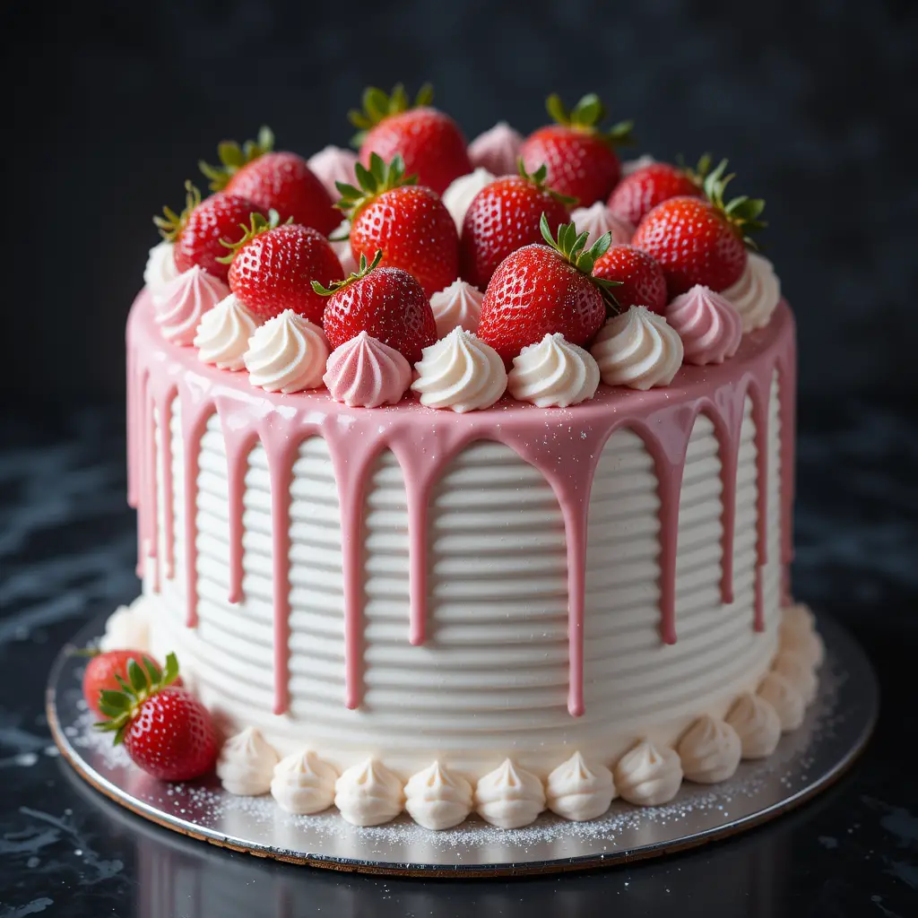 Romantic strawberry cake with whipped cream and meringue