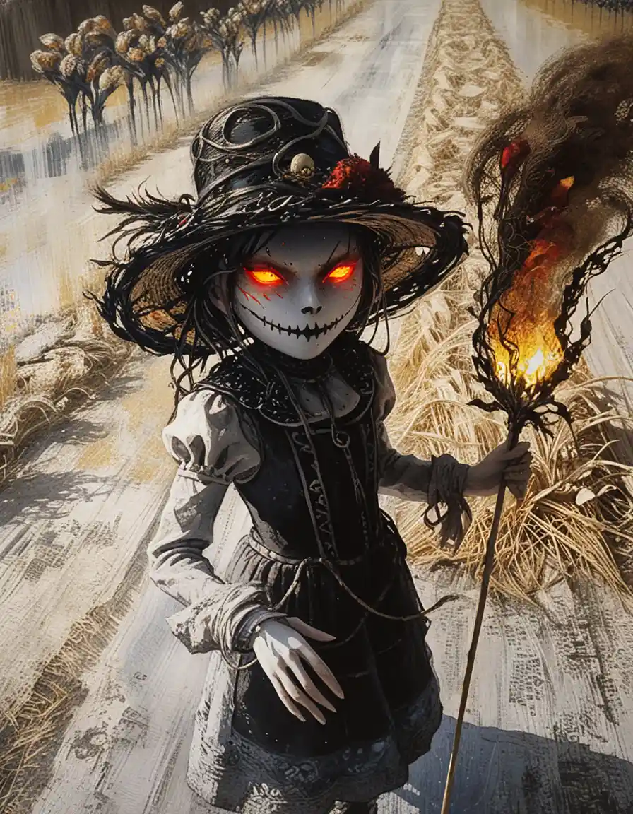 Woman scarecrow with flaming eyes in wheat field