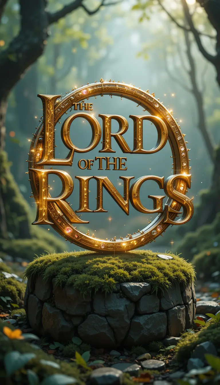 Golden 3D fantasy text on mossy stone in forest glade