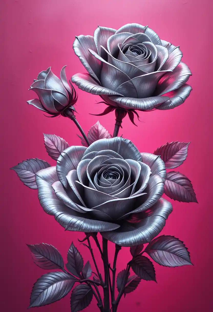 Realistic silver roses against vivid warm pink background