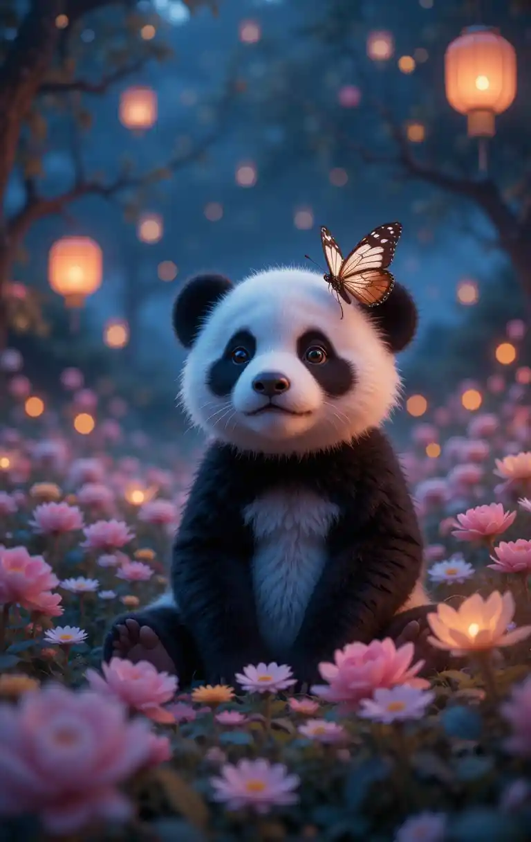 Panda Cub Among Night Flowers With Floating Lanterns