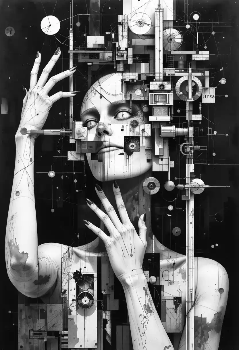 Surreal monochrome abstract watercolor composition on dark background