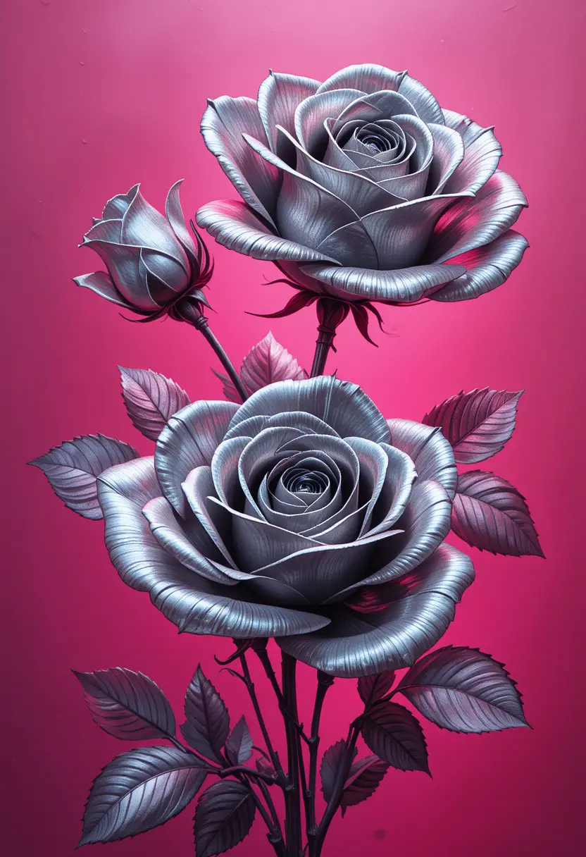 Realistic silver roses against vivid warm pink background