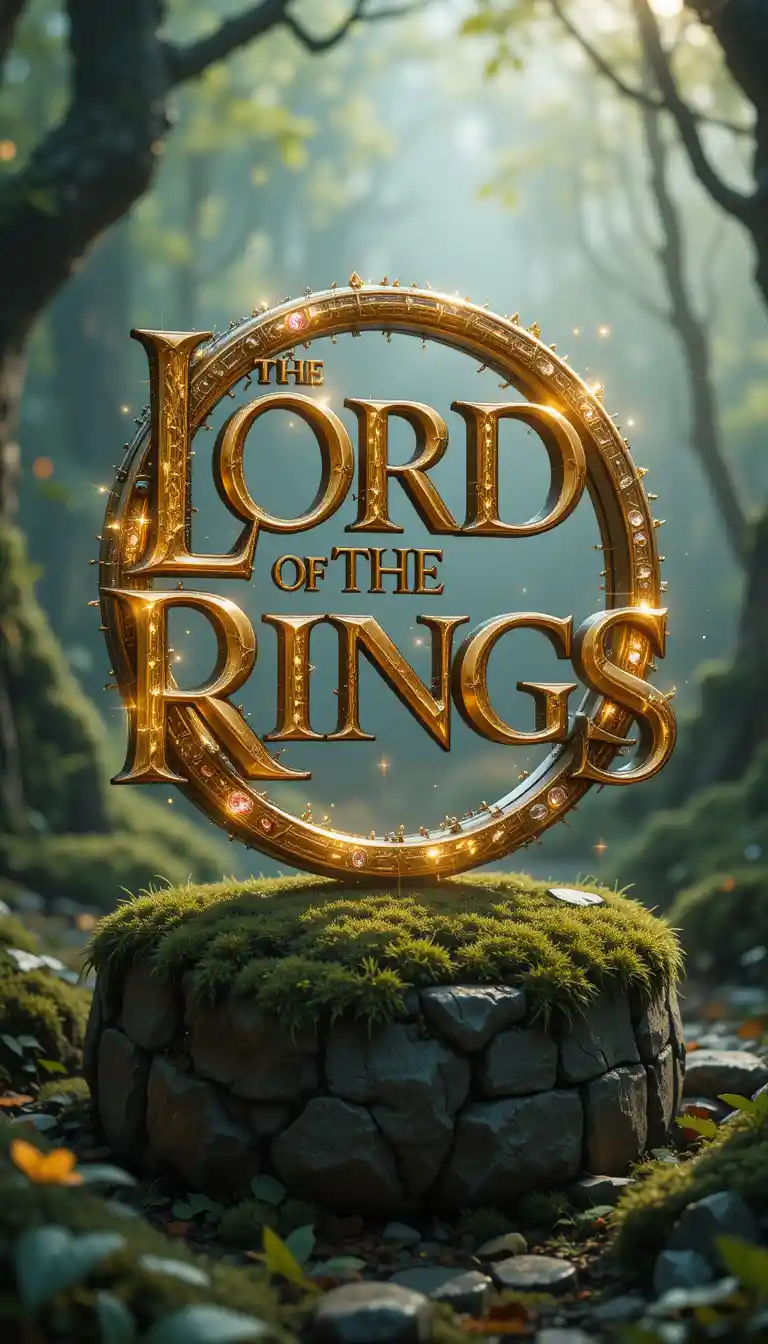 Golden 3D fantasy text on mossy stone in forest glade