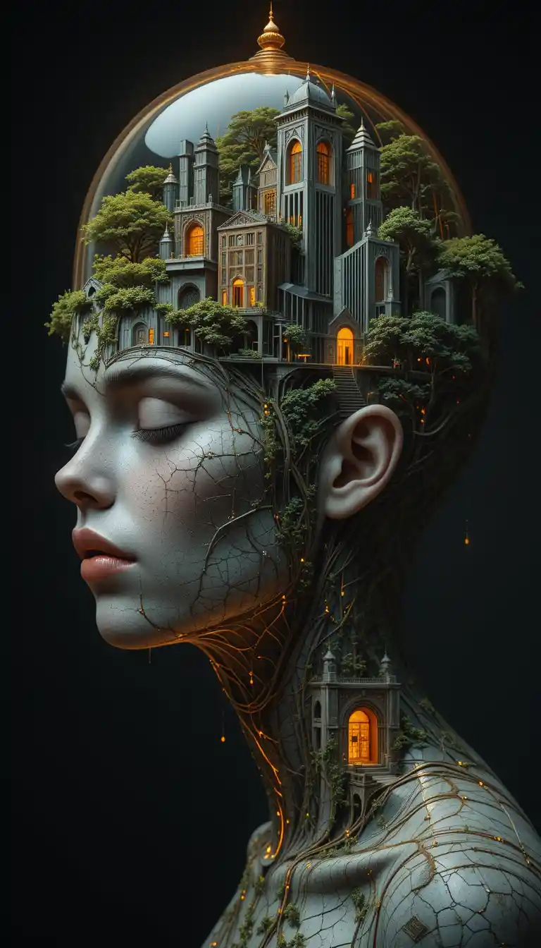 Surreal Woman Head As Architectural And Natural World