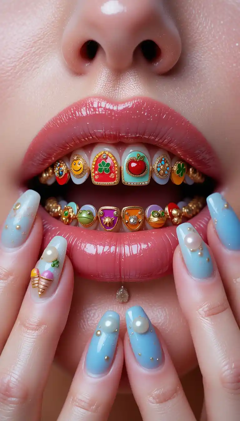 Close up glossy lips with colorful charm grillz