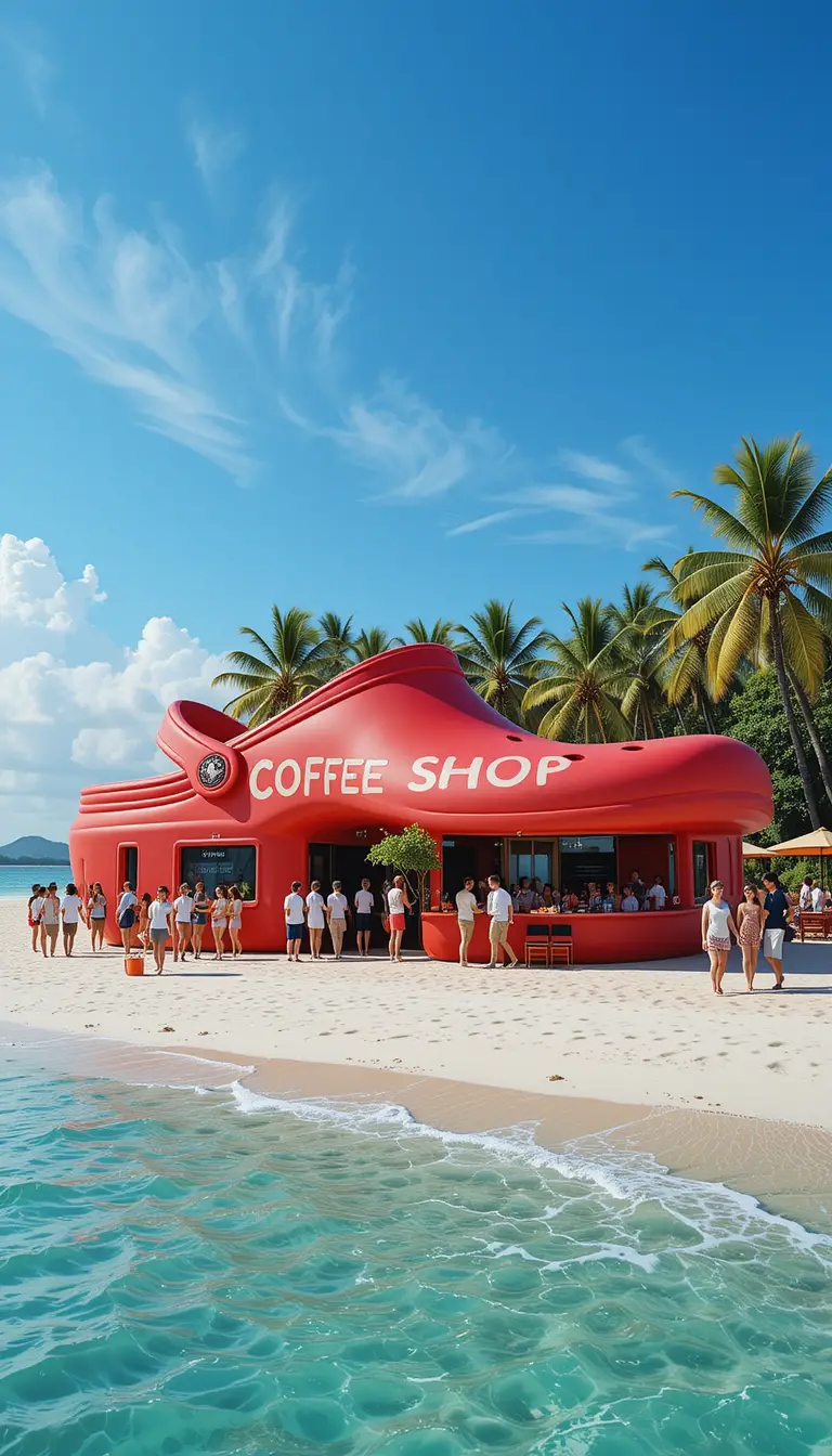 Creative beach coffee shop shaped like a red sandal