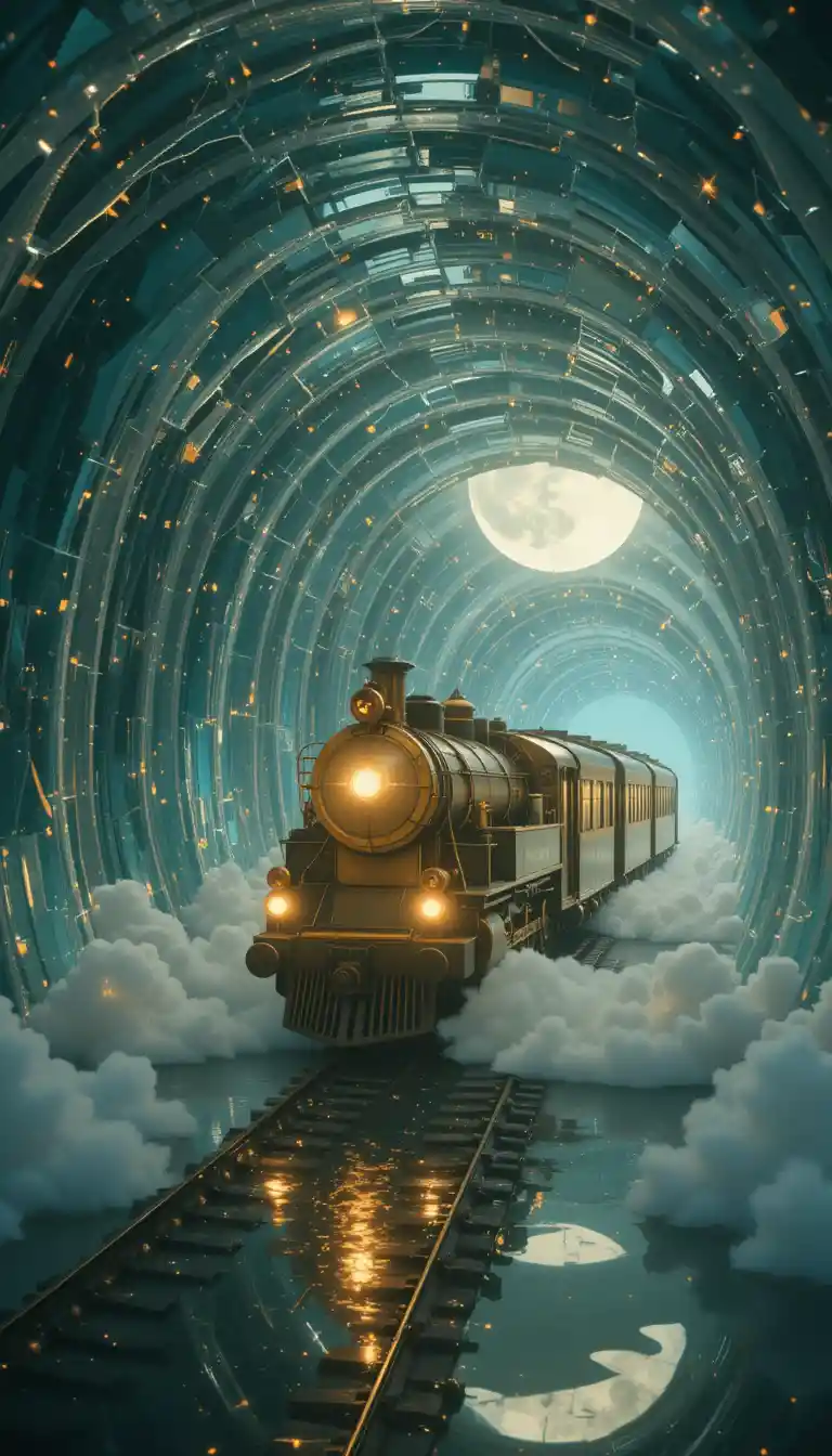 Treno di lusso d’epoca che entra in un tunnel di cristallo al chiaro di luna