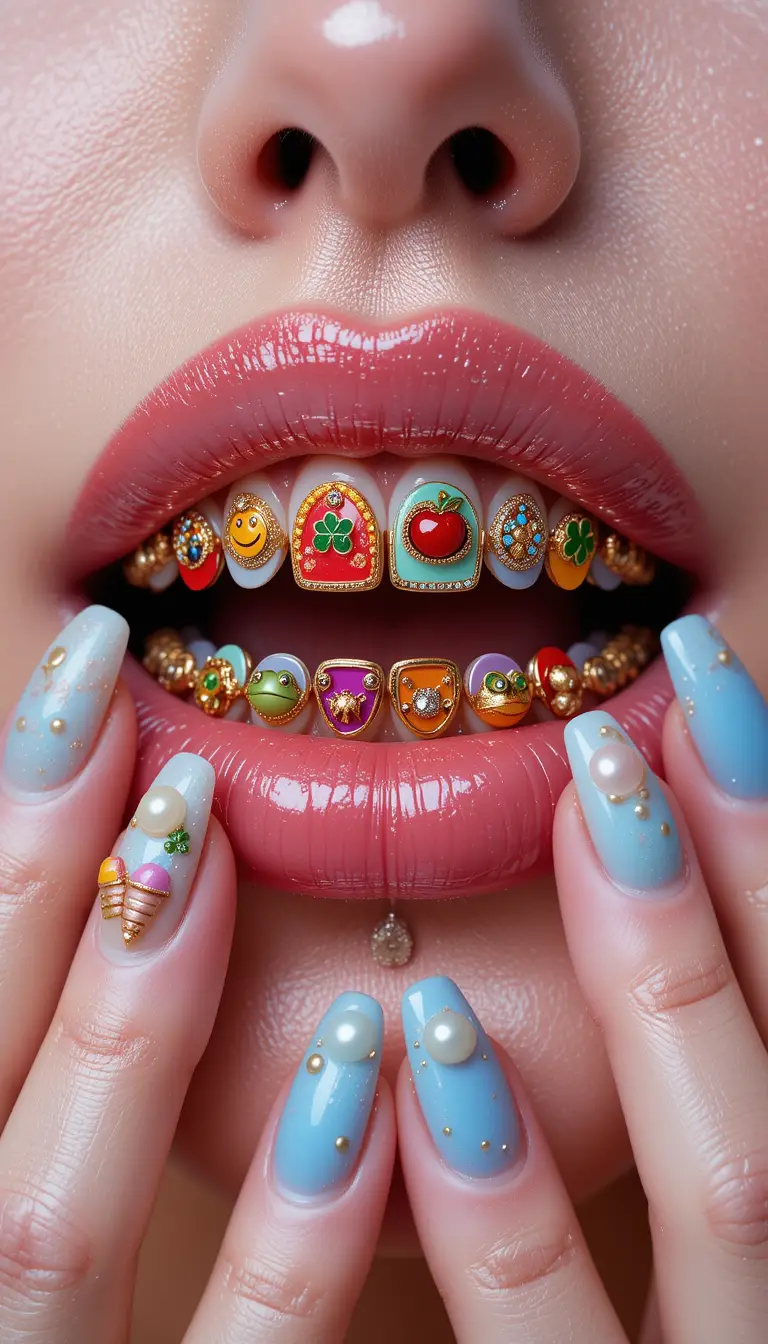 Gros plan sur des lèvres glossy avec des grillz colorés et pleins de charme