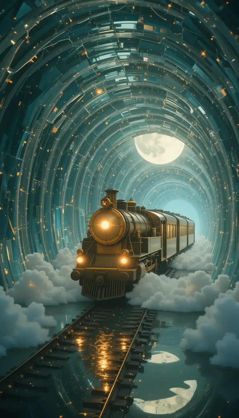 Vintage luxury train entering moonlit crystal tunnel