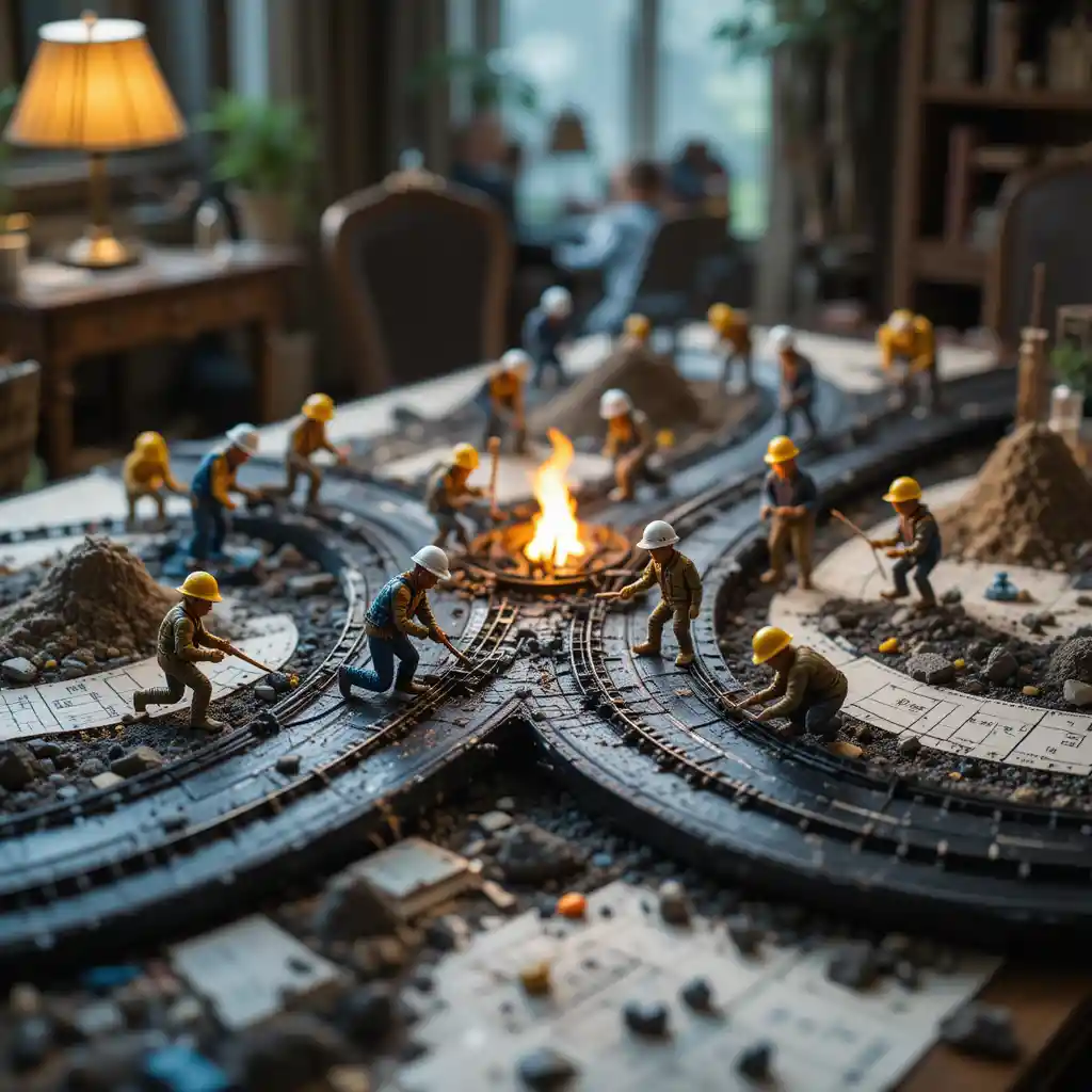 Tiny workers building a miniature highway on a table