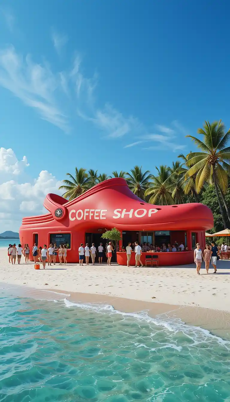 Creative beach coffee shop shaped like a red sandal