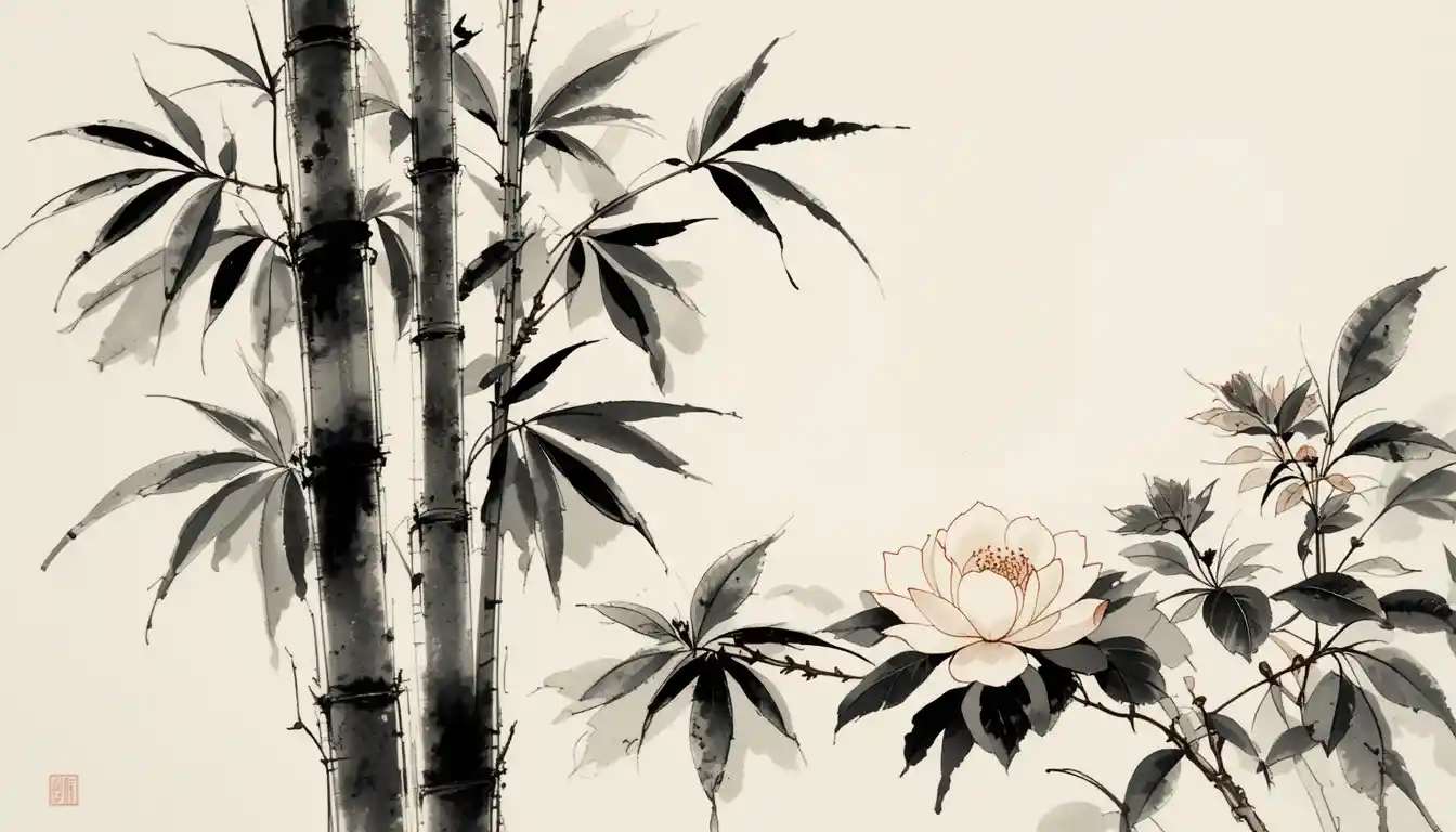 Zen ink painting of bamboo and camellia on rice paper