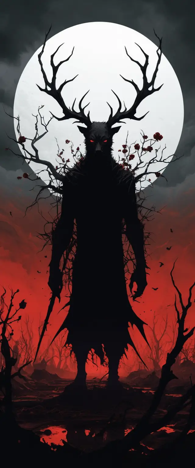 Twisted apocalyptic landscape with thorns and bloody sky