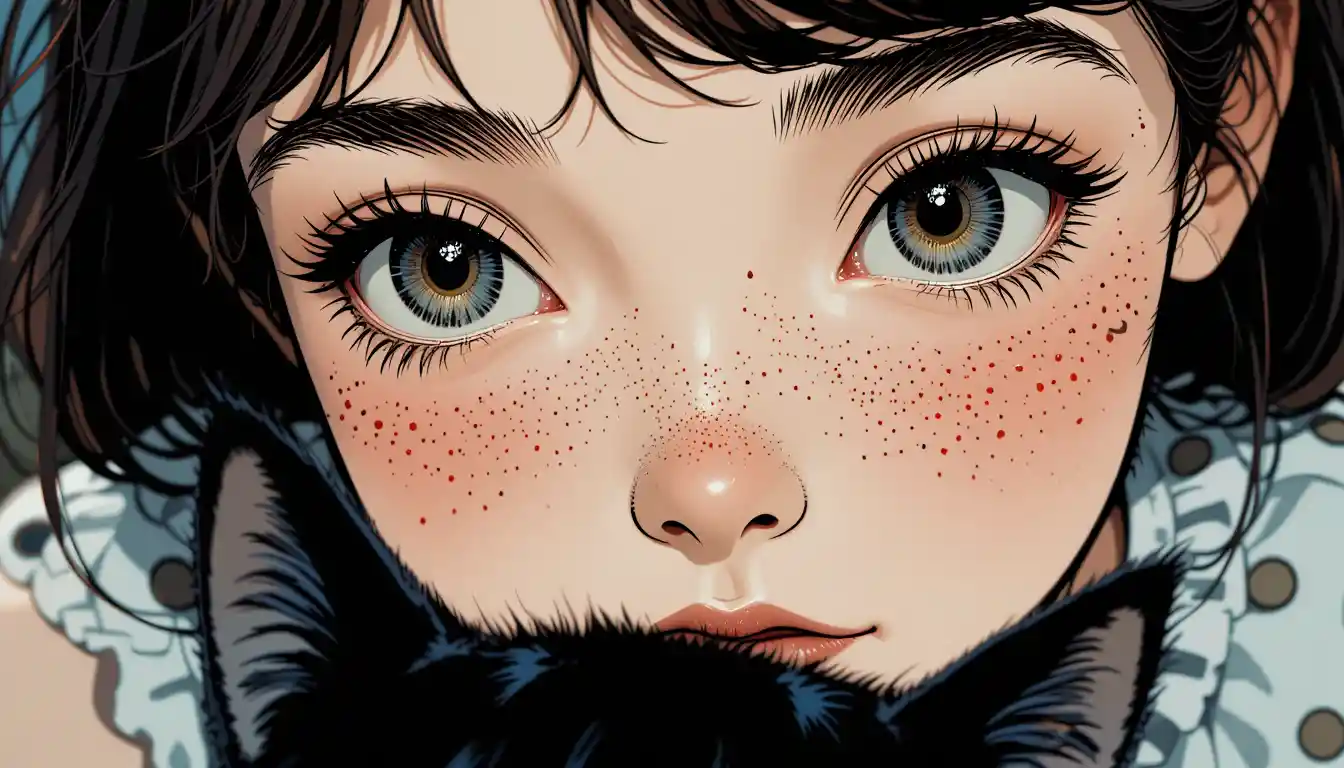 Freckled girl in polka dot dress with black cat