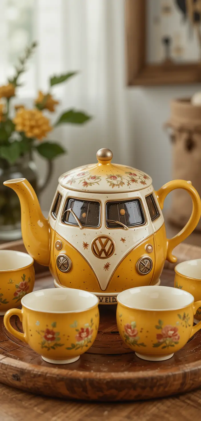 Ceramic Camper Van Teapot With Matching Cups On Tray