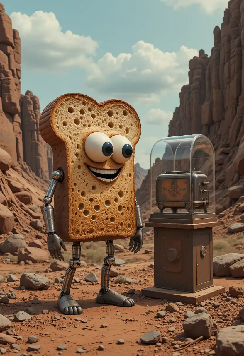 Curioso personaggio di pane alieno in un deserto sci‑fi