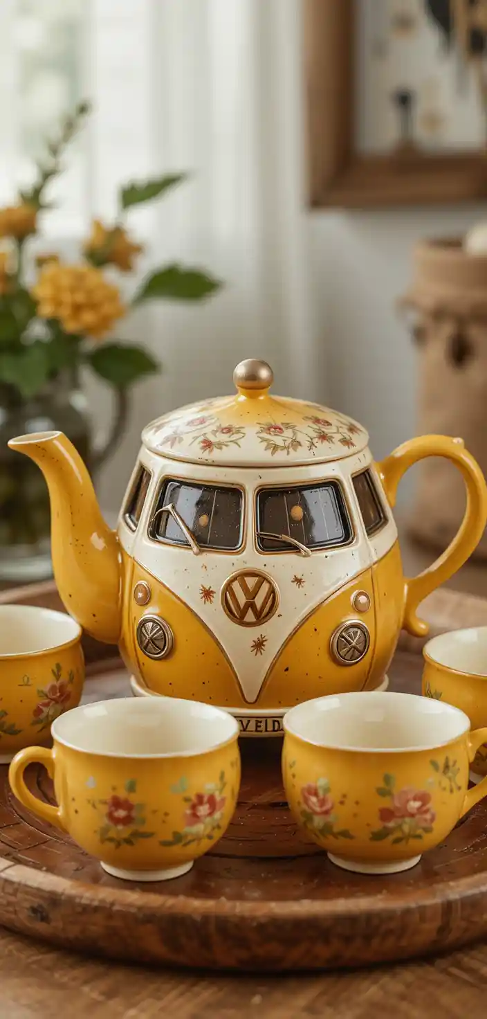 Ceramic Camper Van Teapot With Matching Cups On Tray