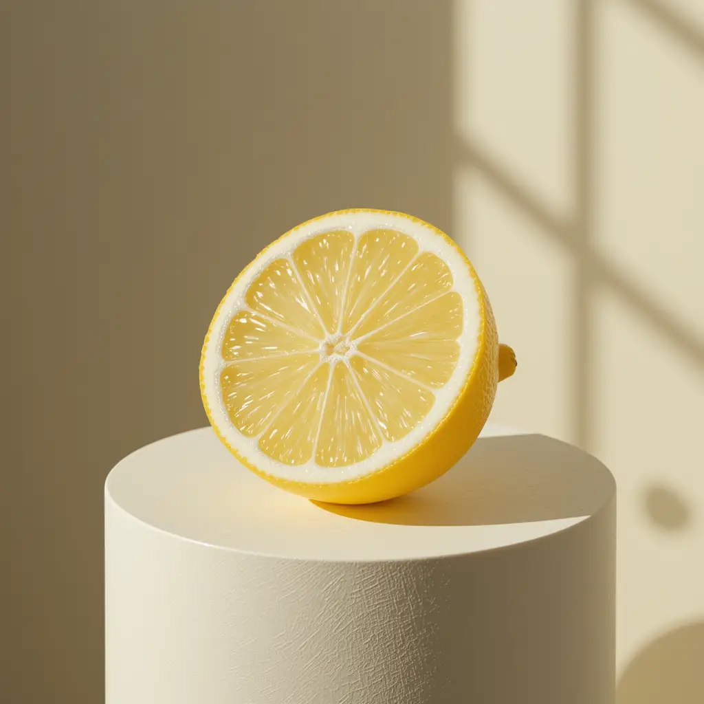 Glass lemon half on minimalist pedestal in soft light