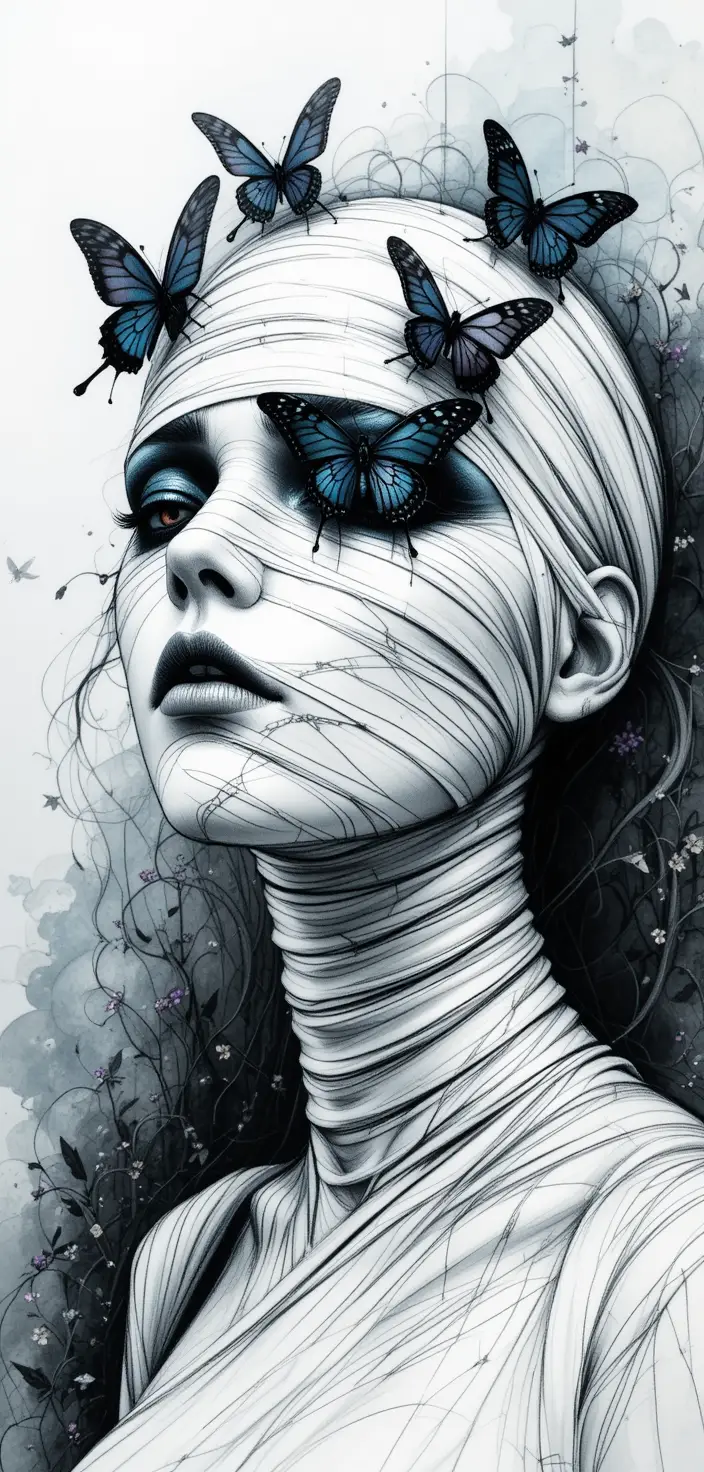 Bandaged woman with dark butterflies in eerie close up
