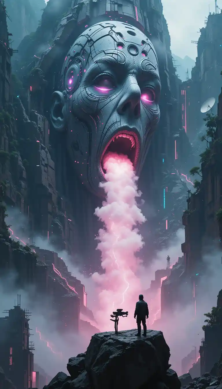 Colossal Cybernetic Face Emerging From Mountain Stone