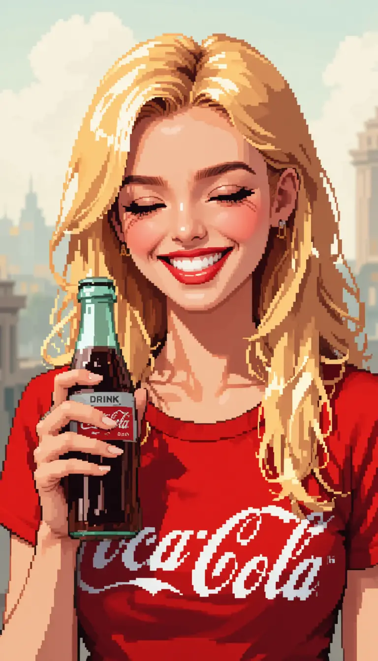 Smiling blonde woman with coke in retro pixel art style