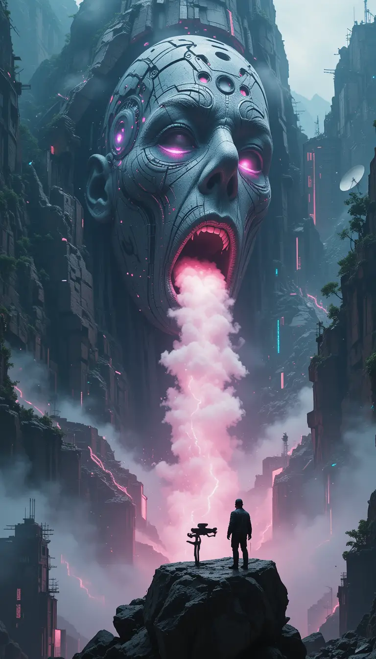 Colossal Cybernetic Face Emerging From Mountain Stone