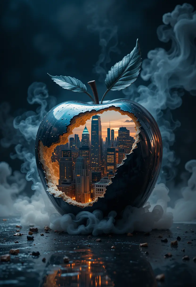 Giant metallic apple revealing glowing city within