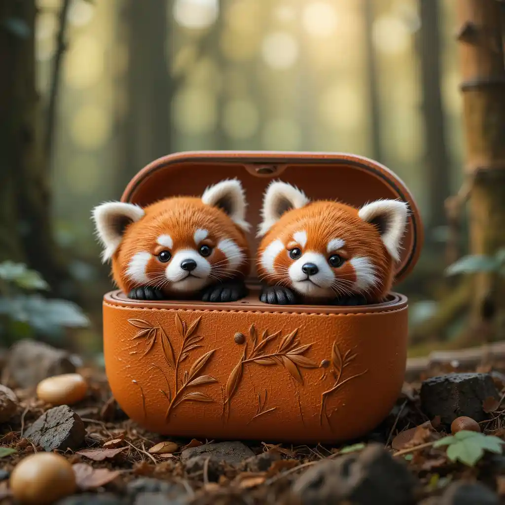 Red panda earbuds in an autumn forest leather case