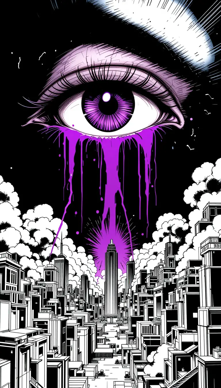 Crying eye with lightning tears over exploding cyberpunk city