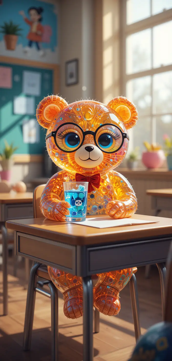 Teddy bear with glasses sitting at a colorful school desk