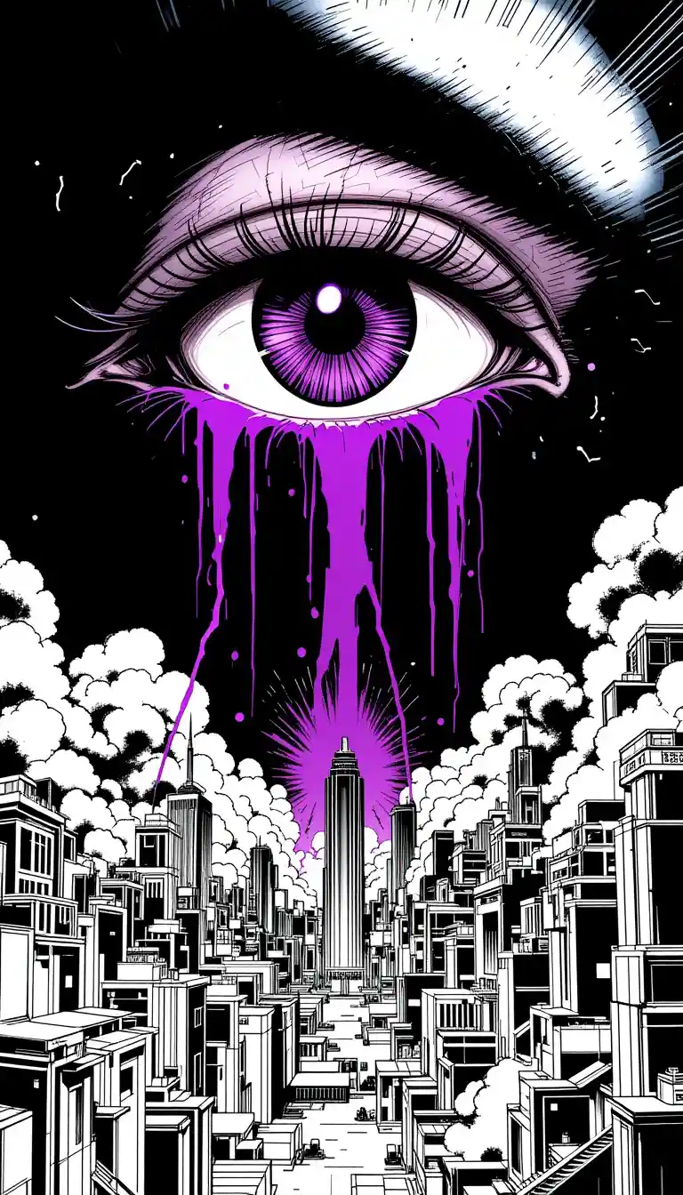 Crying eye with lightning tears over exploding cyberpunk city