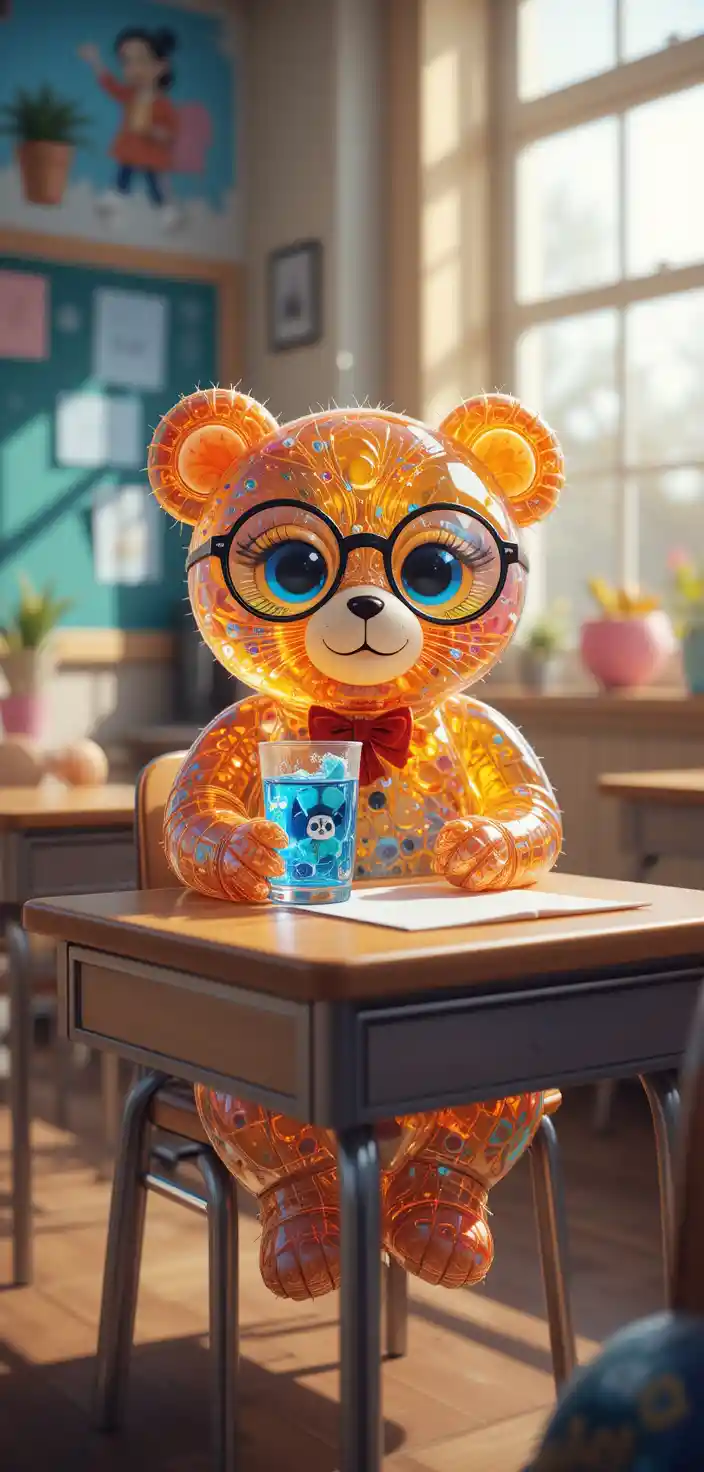 Teddybär mit Brille an einem bunten Schultisch
