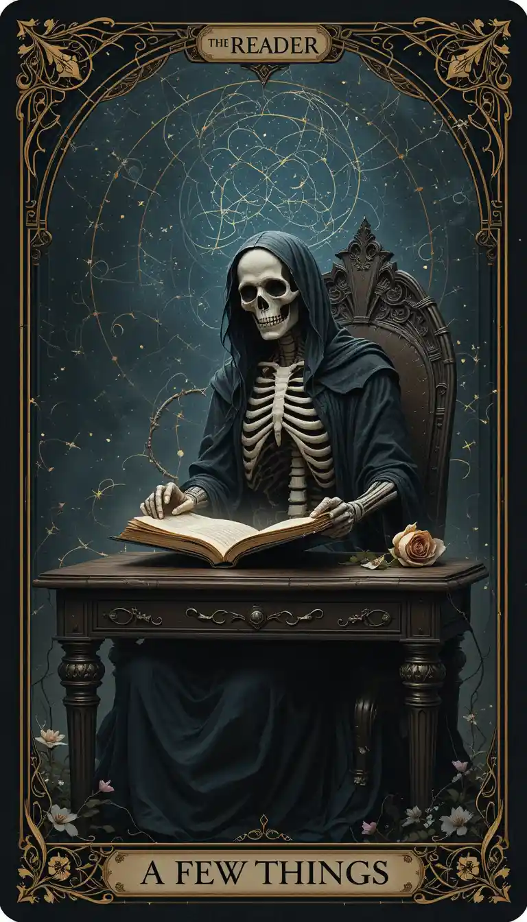 Gothic tarot skeleton reading by glowing book at desk