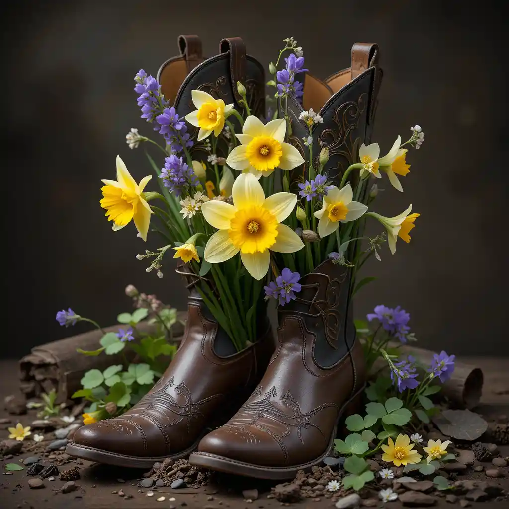 Field flowers blooming from detailed cowboy boots
