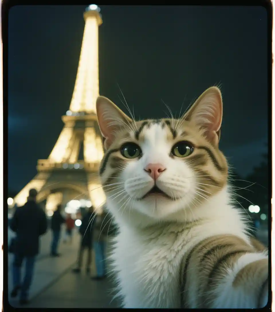 Casual cat selfie in front of city landmark at night