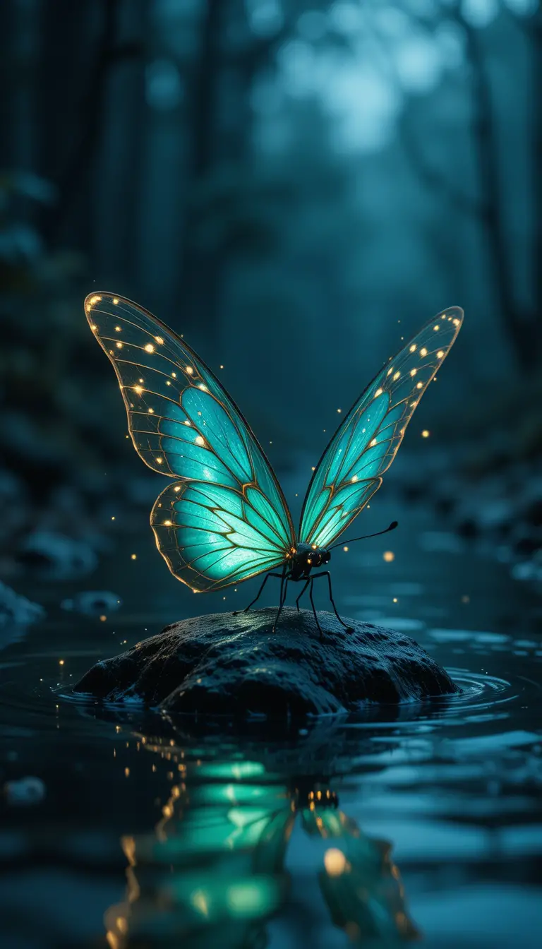 Glowing turquoise butterfly resting on reflective water at dusk