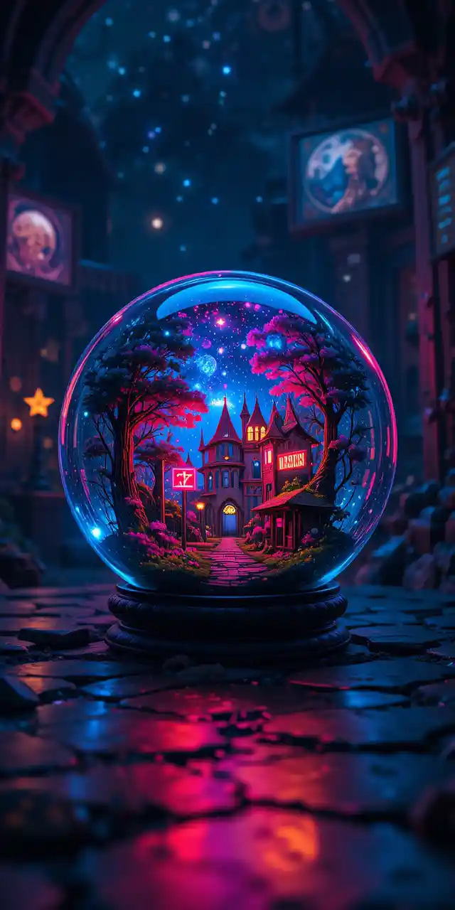Fairy tale world inside crystal ball with starry universe