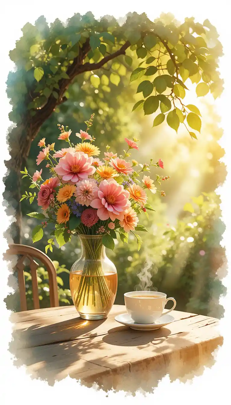 Flower vase and tea cup on a sunny wooden table