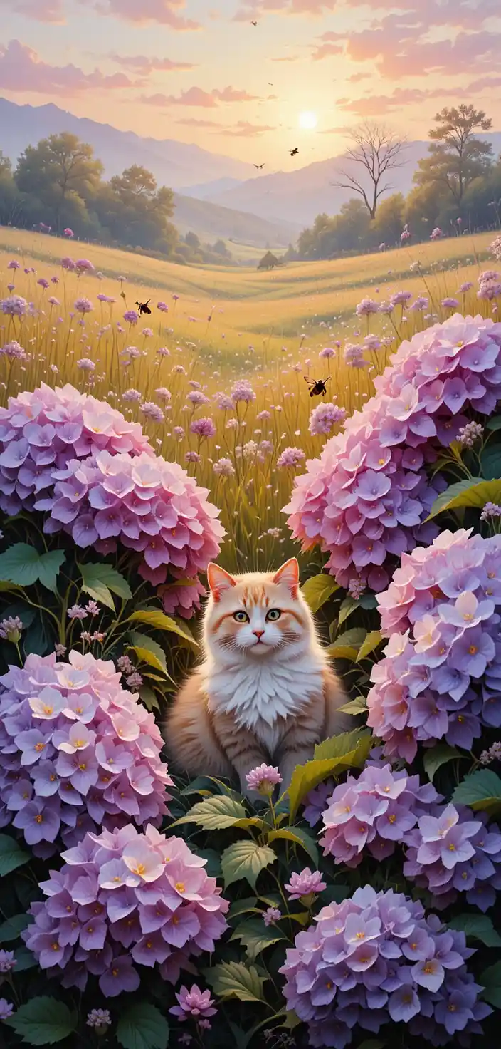 Happy cat among blooming hydrangeas in impasto painting