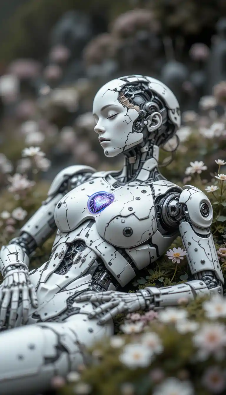 Broken female robot lying in a quiet monochrome flower garden
