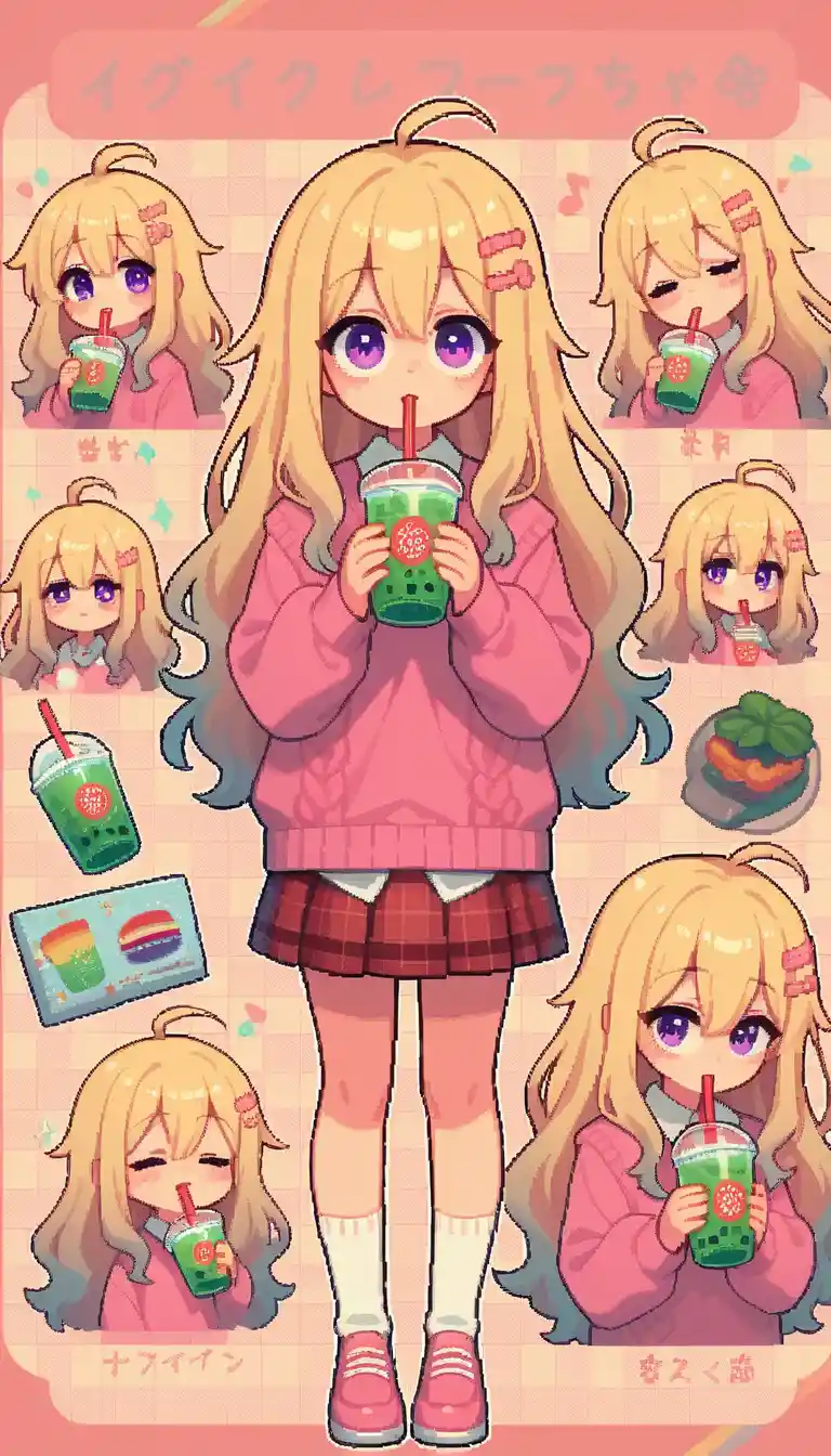 粉彩背景上的可愛動畫女孩與珍珠奶茶
