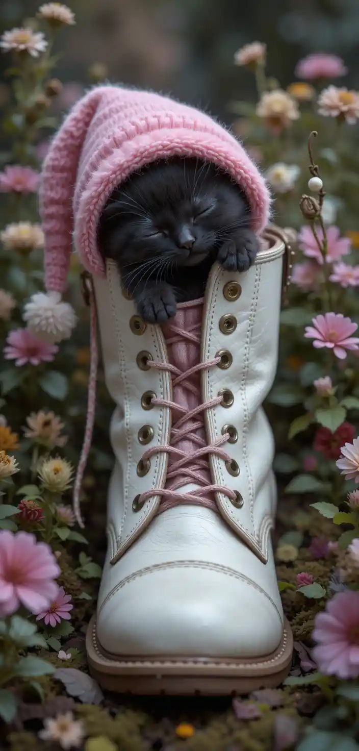 Sleeping black kitten in a boot in a fantasy garden