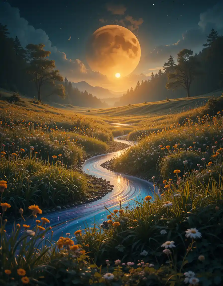 Mystical cozy meadow at night with glowing ferrofluid