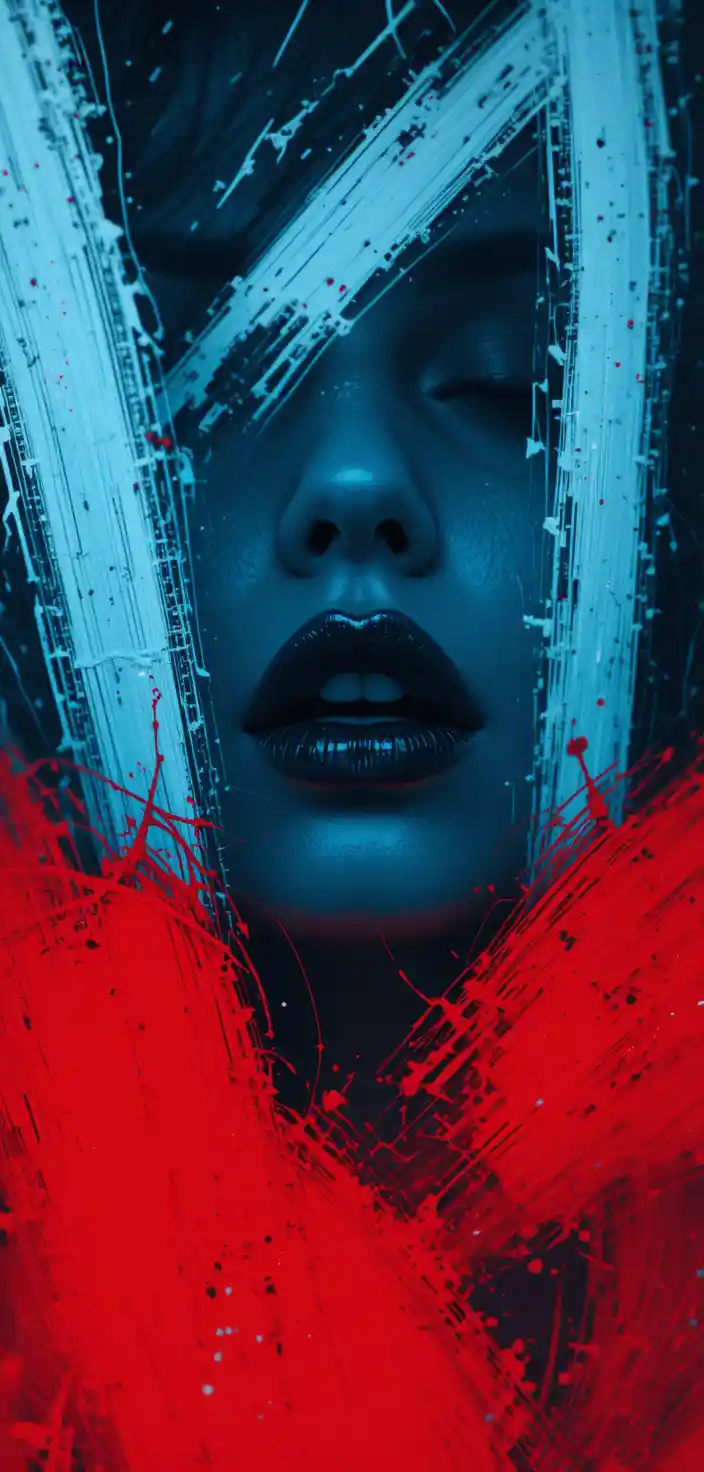 Extreme close up blue portrait of a woman in darkness