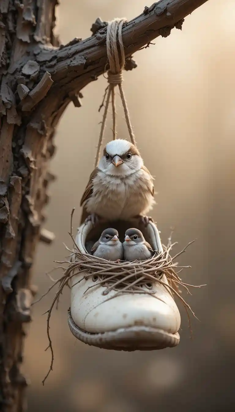 Curious sparrow on bird nest inside old hanging shoe
