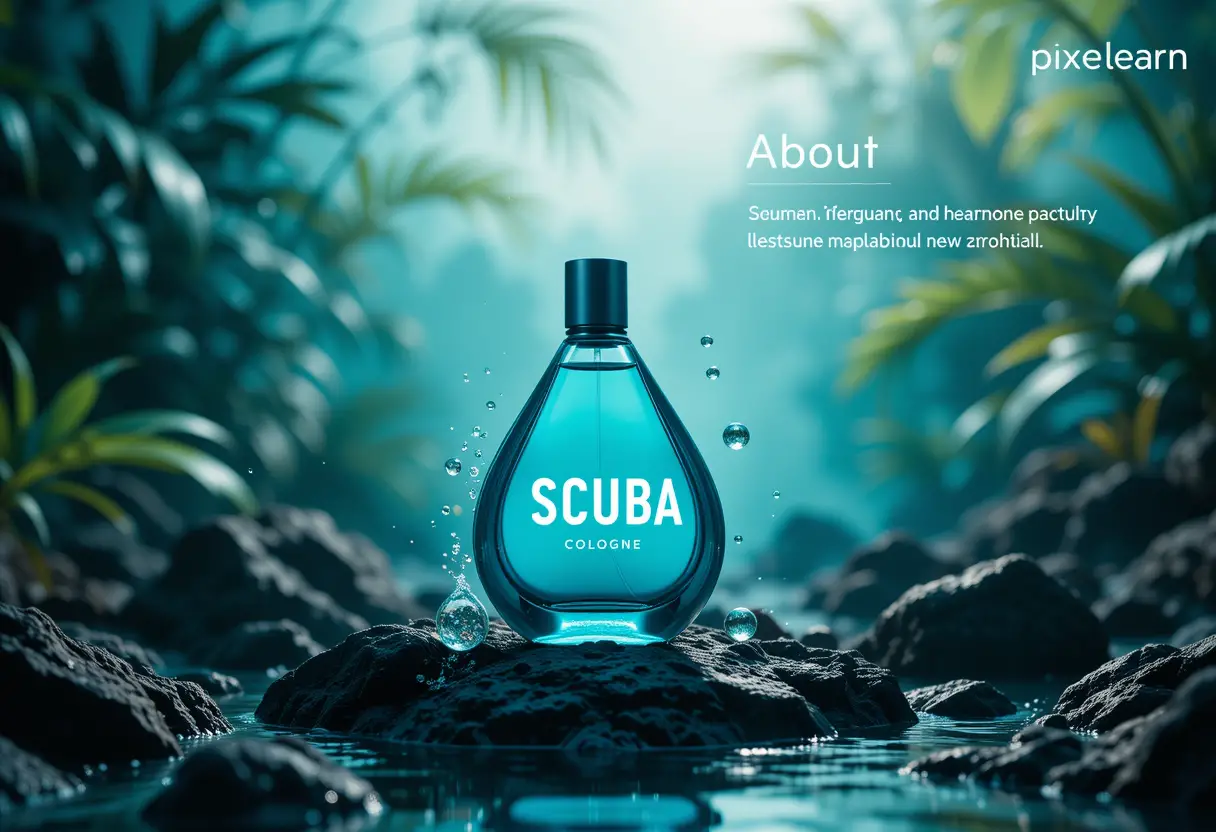 Scuba cologne bottle on rocky teal underwater inspired scene