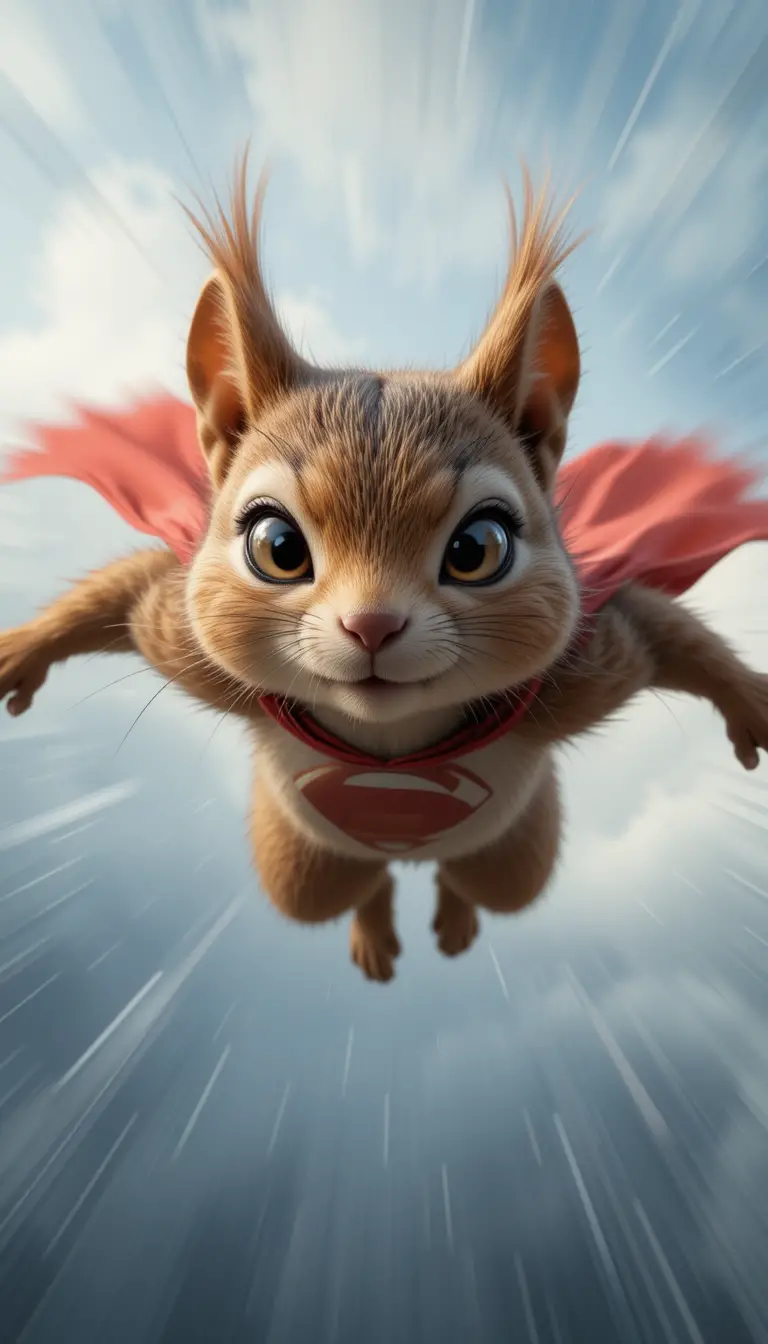 Flying squirrel superhero soaring fast across the sky